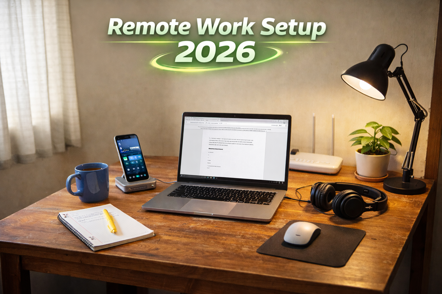 Modern home office setup with ergonomic chair, monitor, and warm lighting